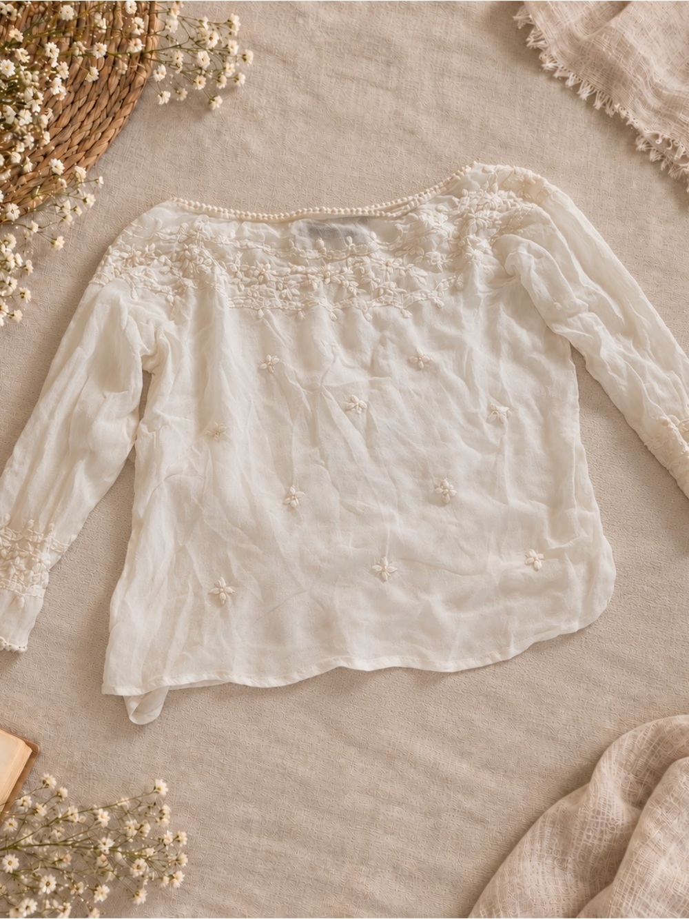 Zara Basic Ivory Pearl Embroidered Boho Blouse XL